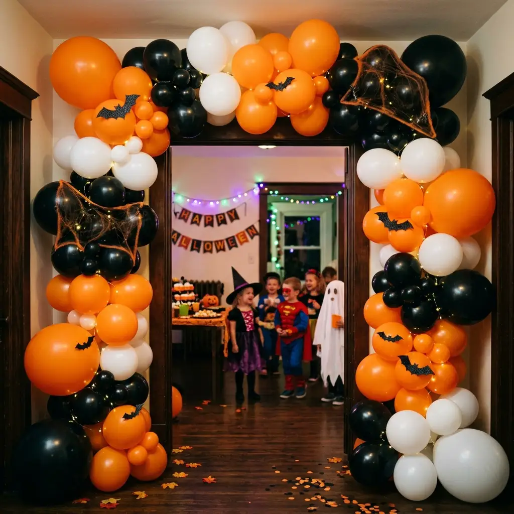 Classic orange, black, and white balloon garland framing a doorway for a kids Halloween party