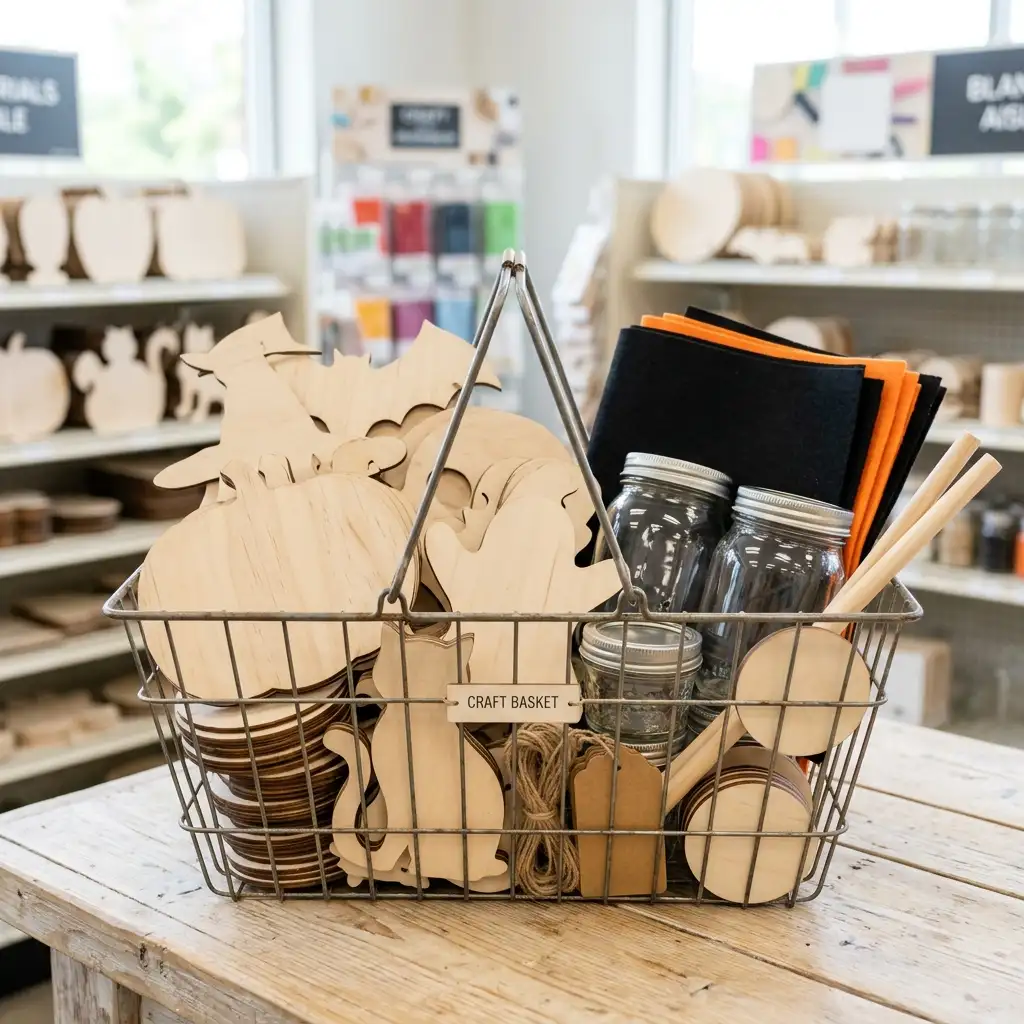 Shopping basket of plain craft bases including glass jars, wood cutouts and felt sheets ready for a Halloween project