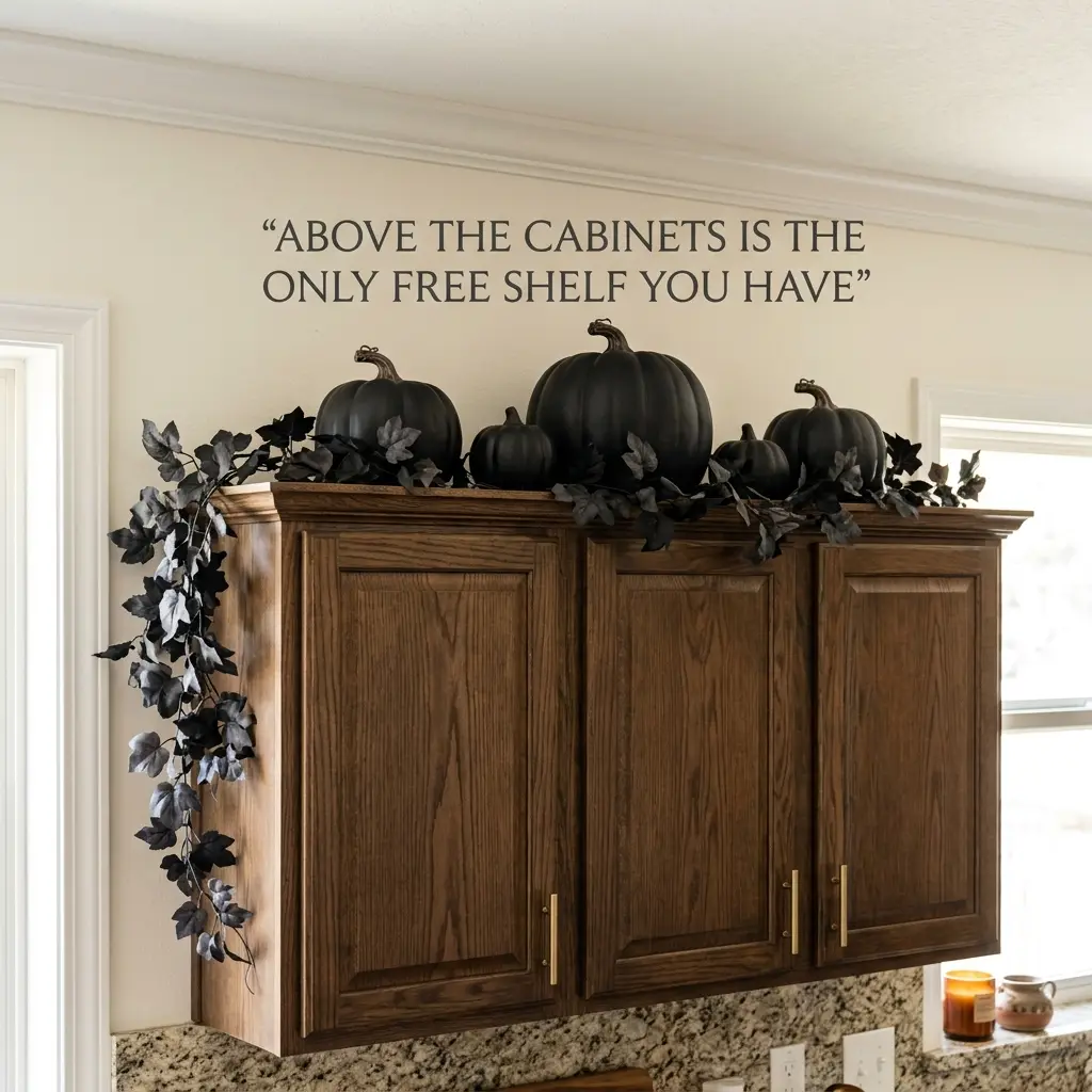 Group of large ceramic pumpkins and a trailing dark vine arranged on top of upper kitchen cabinets