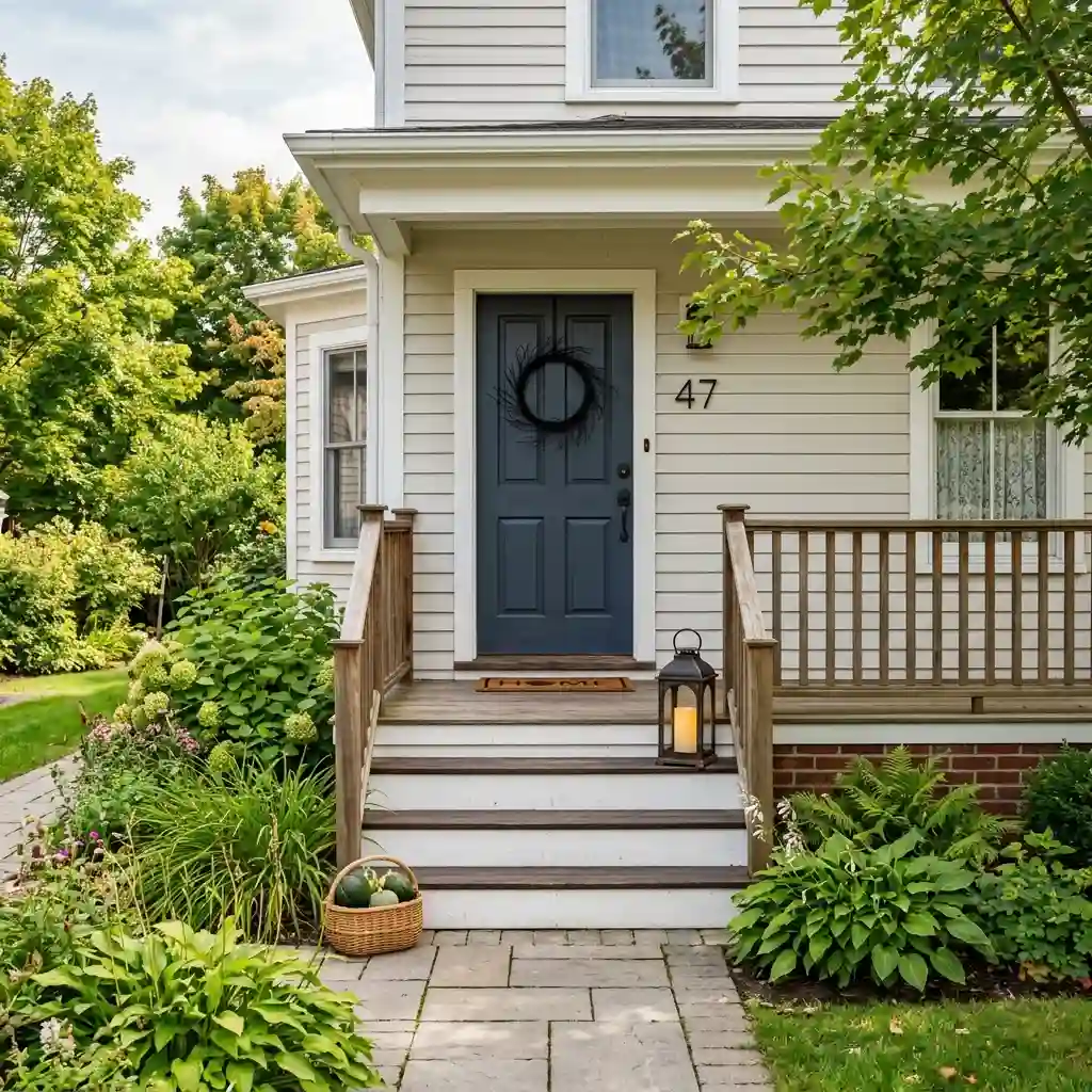 Early September porch with a simple black wreath and one lantern, greenery still summery around the steps