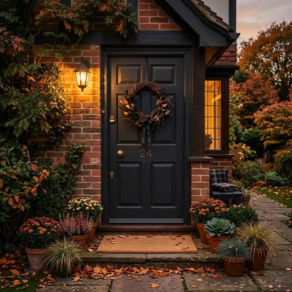 Front door with a dark wreath, a plain coir mat and one warm light reaching the door face
