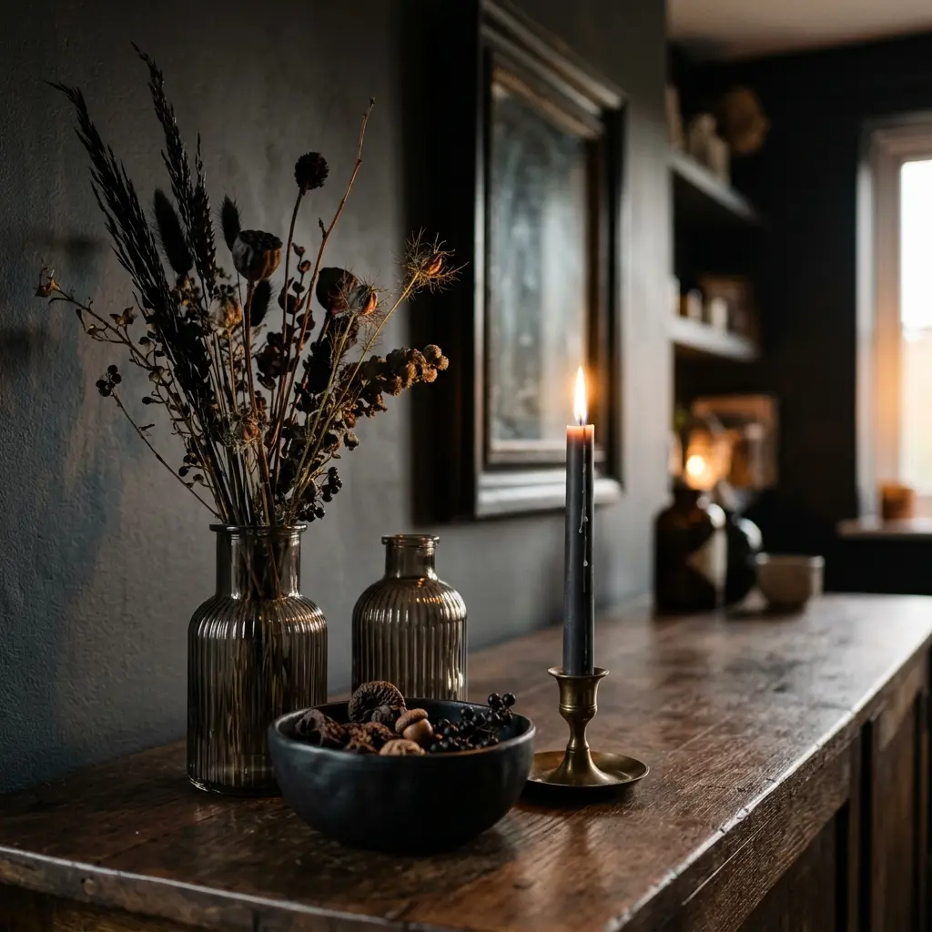 Close-up of halloween decor ideas indoors with smoked glass, matte black ceramic and dried stems on a shelf