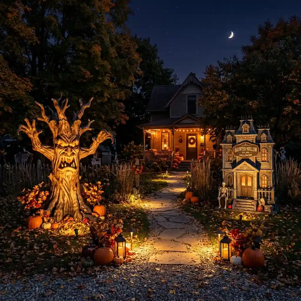 Two large weatherproof outdoor pieces spaced widely along a path with warm ground lighting between them