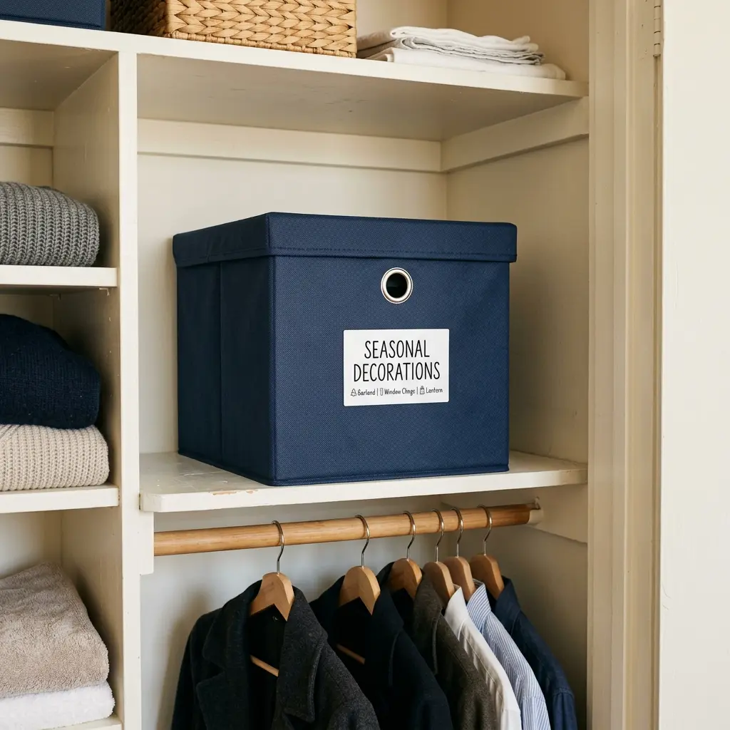 Single storage box holding folded seasonal decorations on a closet shelf