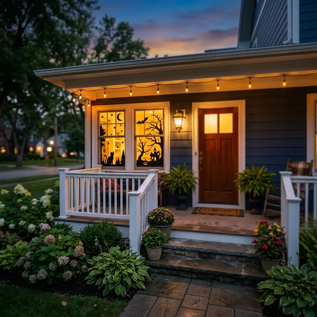 Halloween porch at dusk with lit window silhouettes of a cat, bats and a bare tree, string lights along the eaves and a warmly lit front door