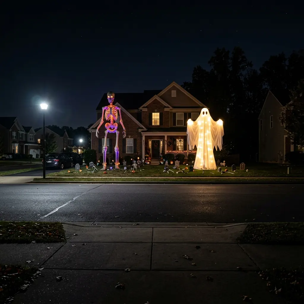Two tall lit outdoor pieces on a lawn stand out clearly from a distance while small props disappear