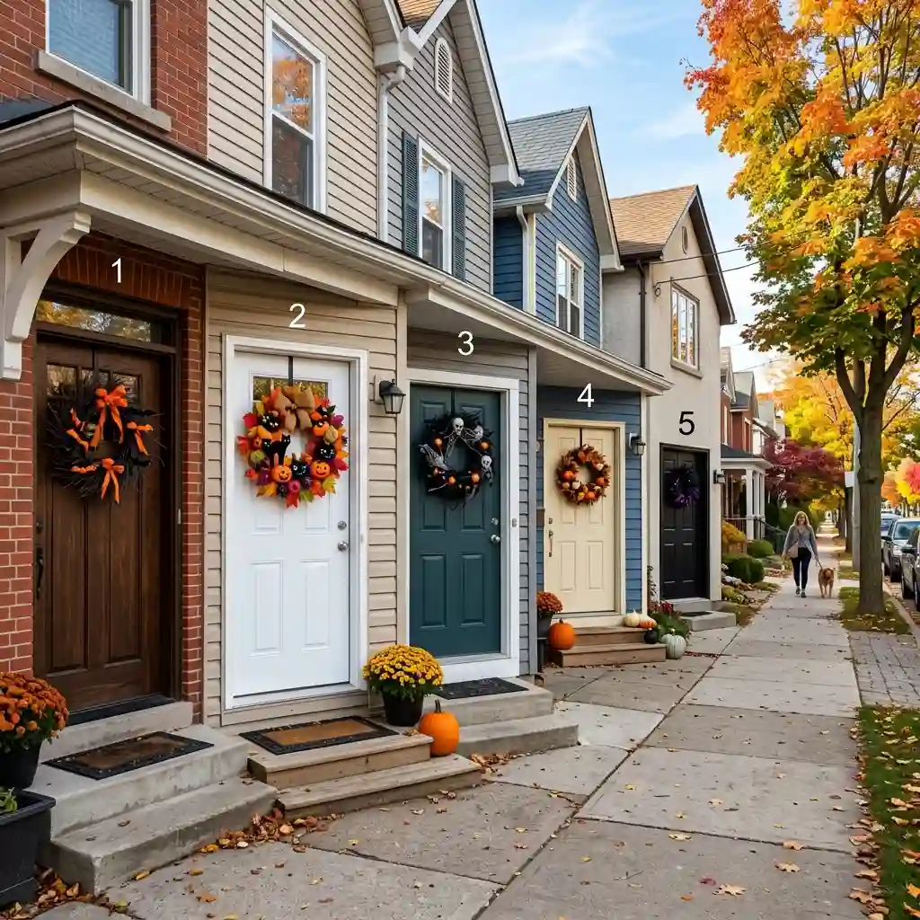 Residential street view of several front doors decorated with Halloween wreaths in October