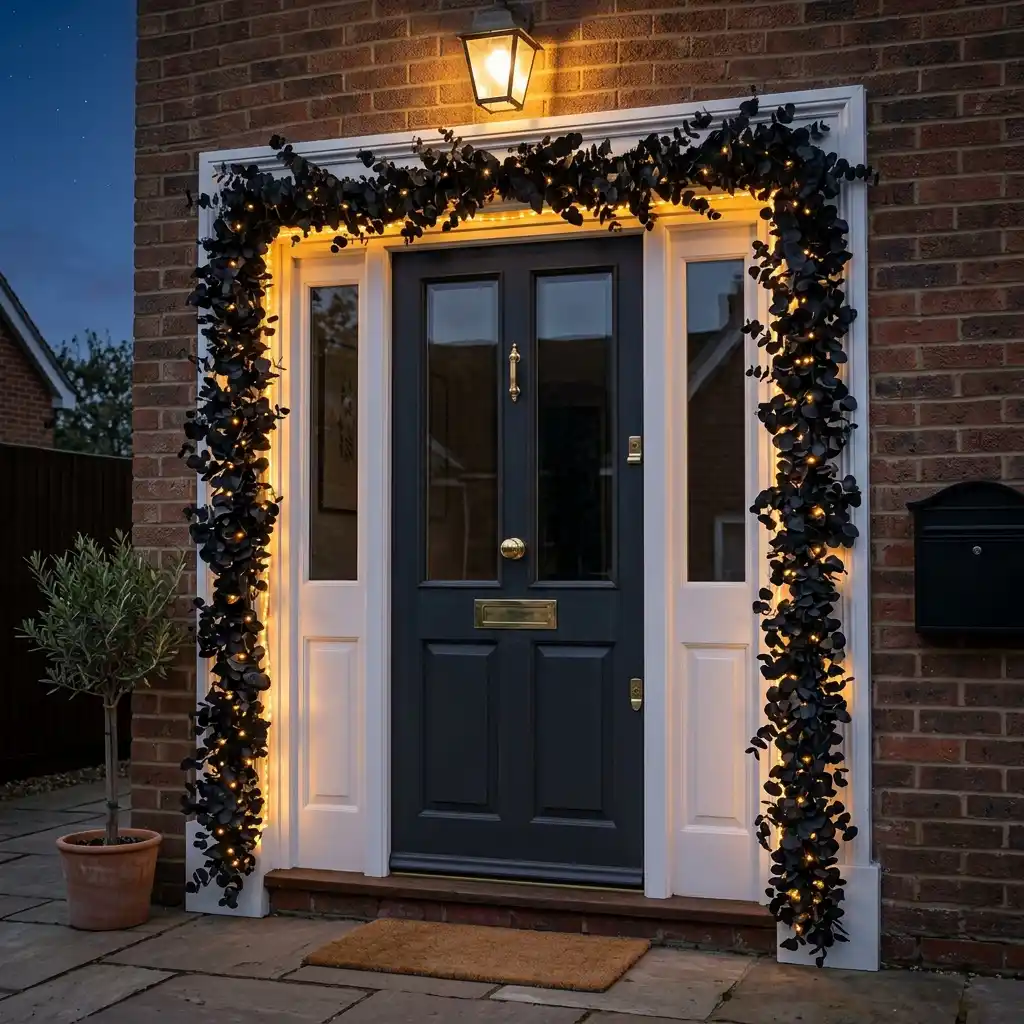 Black eucalyptus garland with warm micro lights outlining the trim casing around a front doorway at dusk
