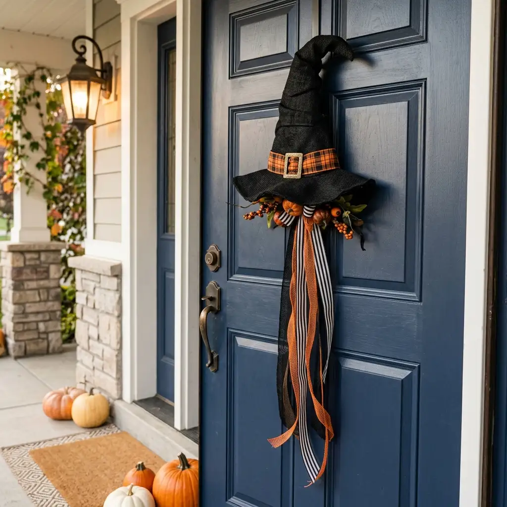 Tall oblong Halloween door hanger with witch hat and trailing black ribbon on a painted front door