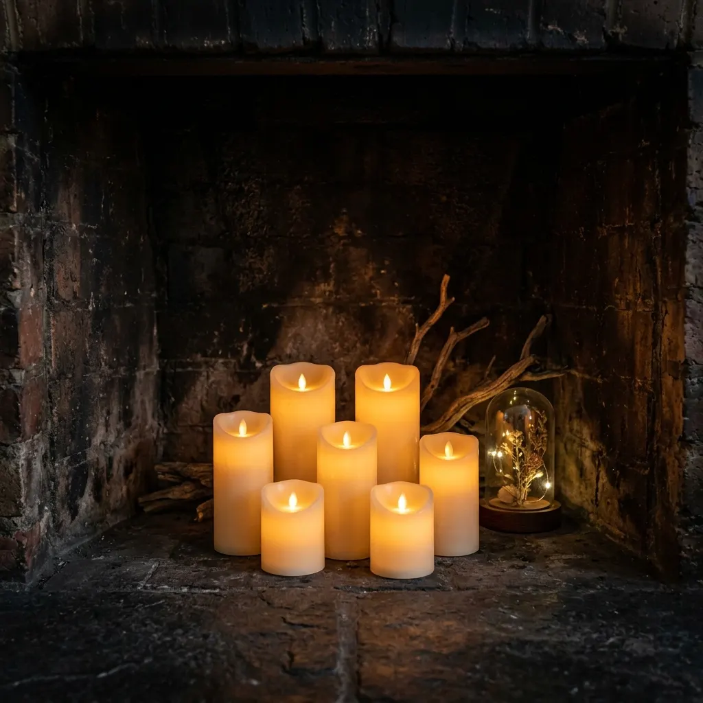 Cluster of battery pillar candles at mixed heights arranged inside a dark unlit fireplace opening