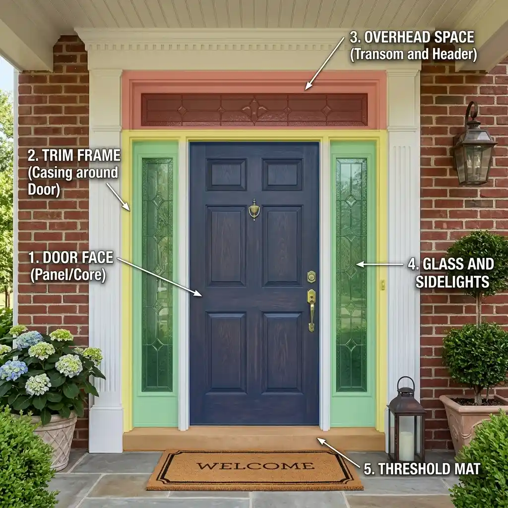 Full view of a front doorway showing door face, trim casing, transom above, sidelight glass and threshold mat