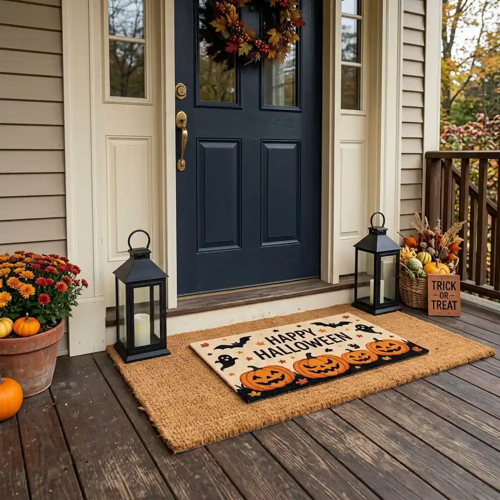 Layered natural coir mat under a smaller printed mat with two matte black lanterns flanking the threshold