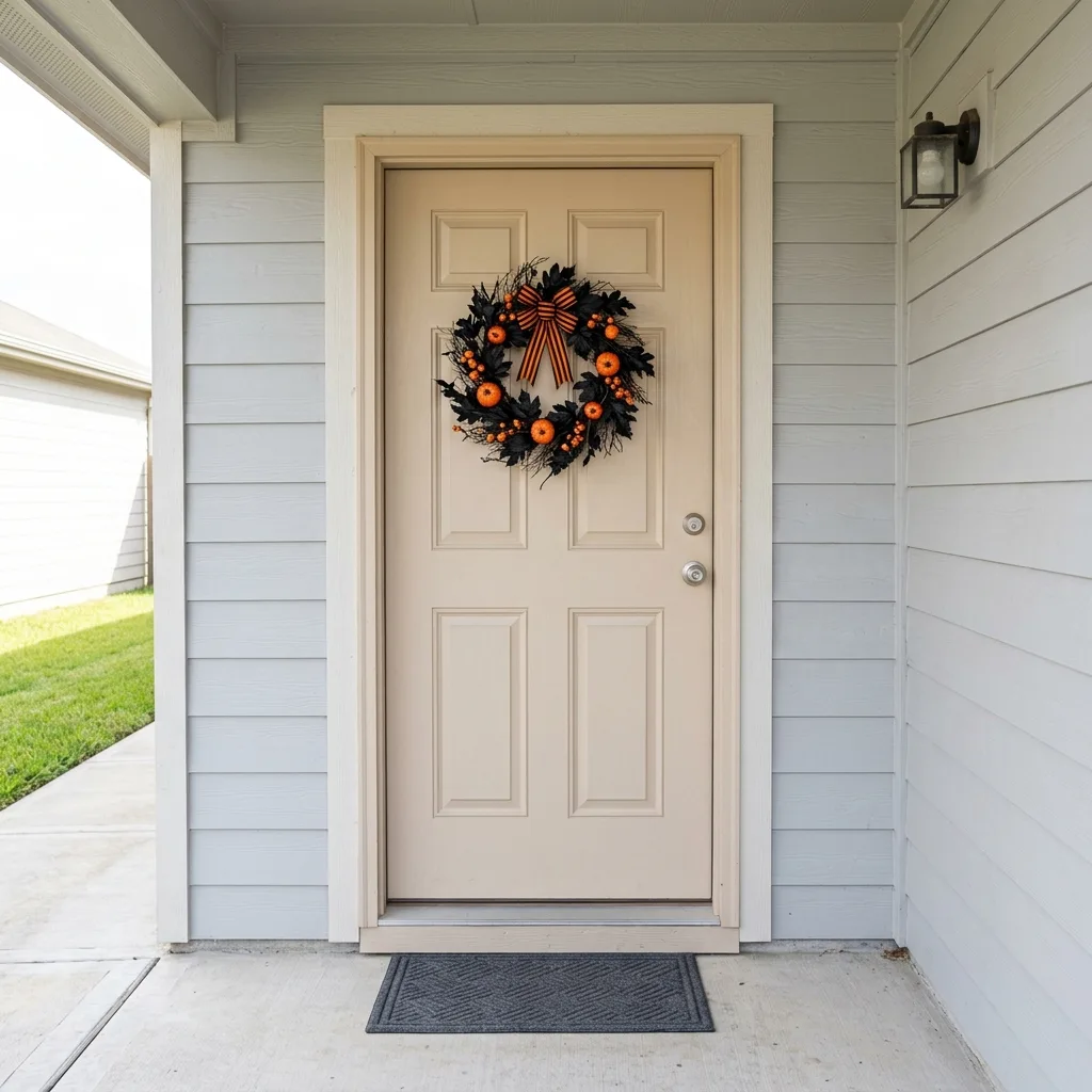 Plain front door with only a single Halloween wreath centered on it and wide empty panels above and below