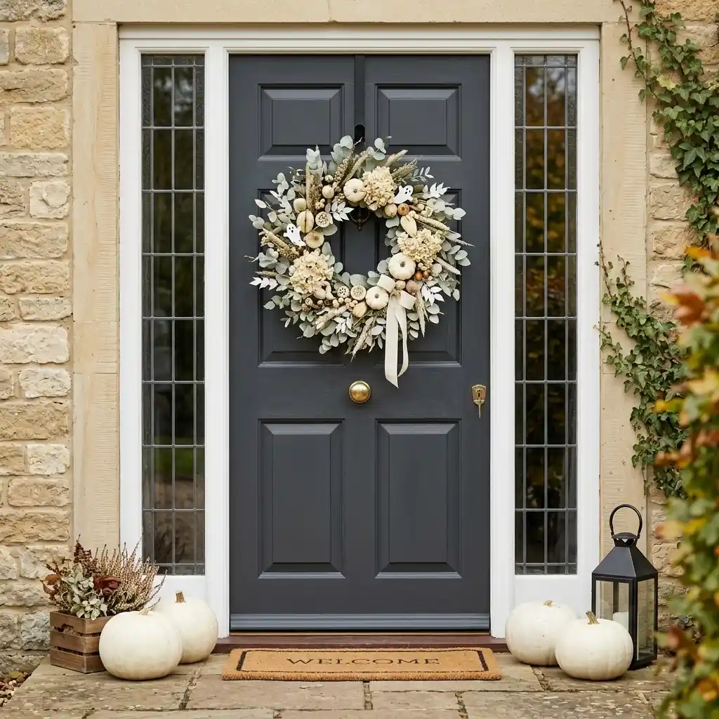 Halloween front door wreath in pale eucalyptus contrasting cleanly against a charcoal door