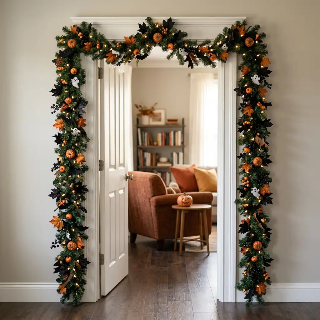 Halloween garland framing an interior doorway with a top swag and side drops