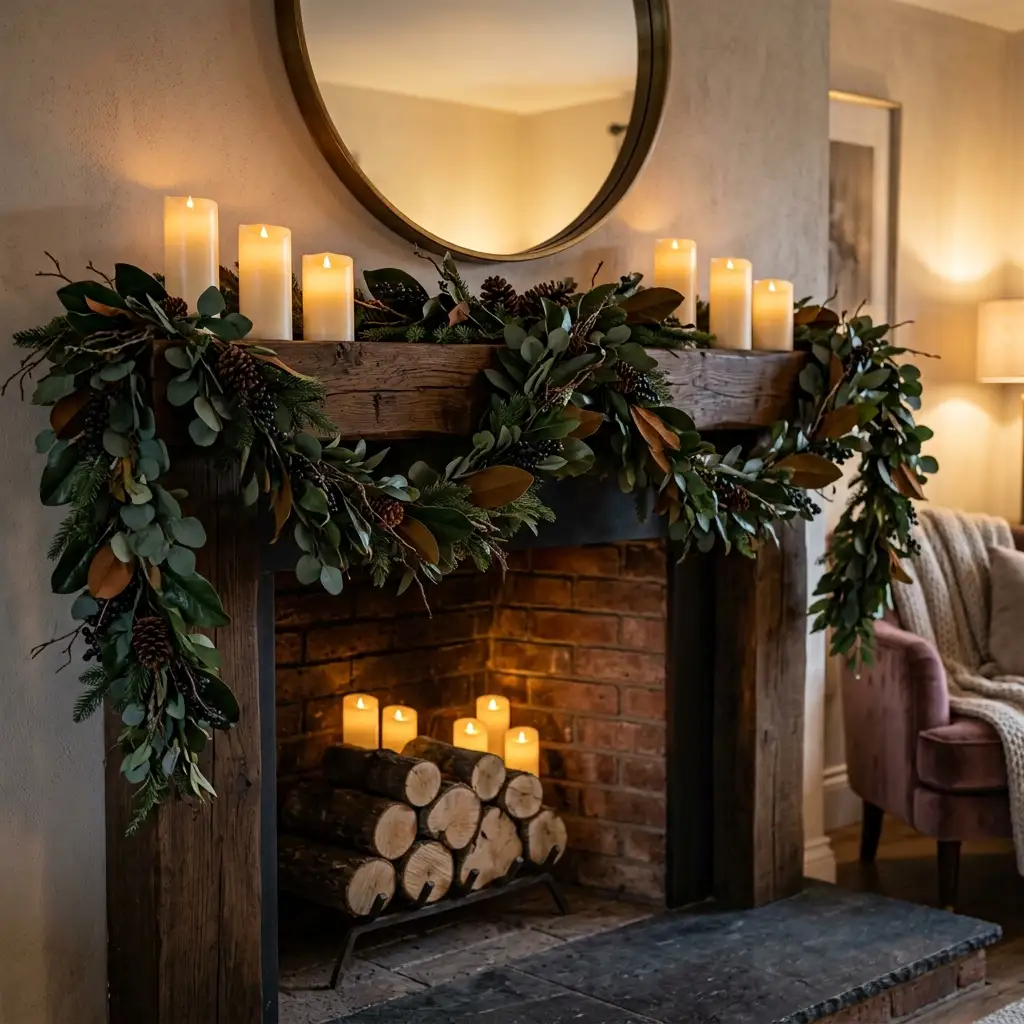 Dark botanical garland with a gentle dip along a mantel front edge and hanging side tails