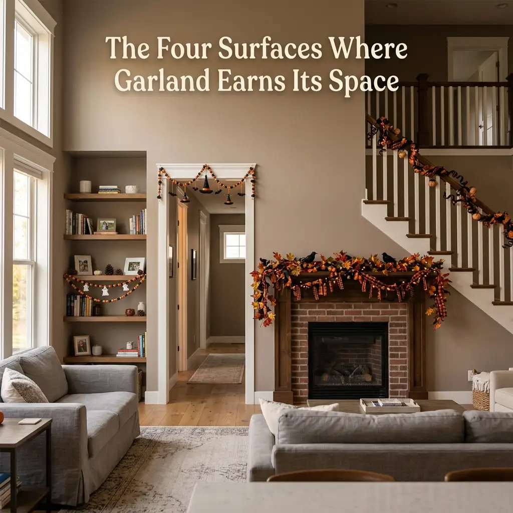Living room showing garland options across mantel, staircase, doorway, and open shelf