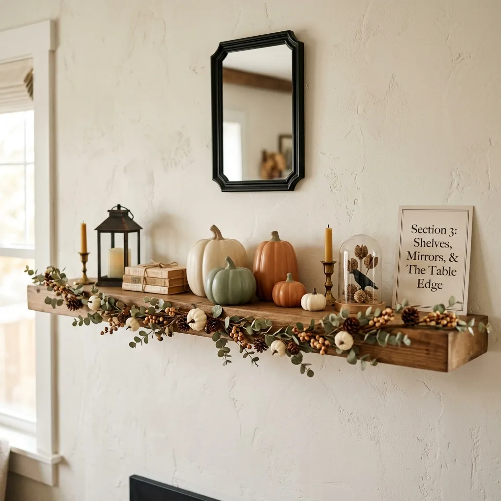 Flat garland run along an open shelf edge with ceramic pumpkins sitting in its gaps