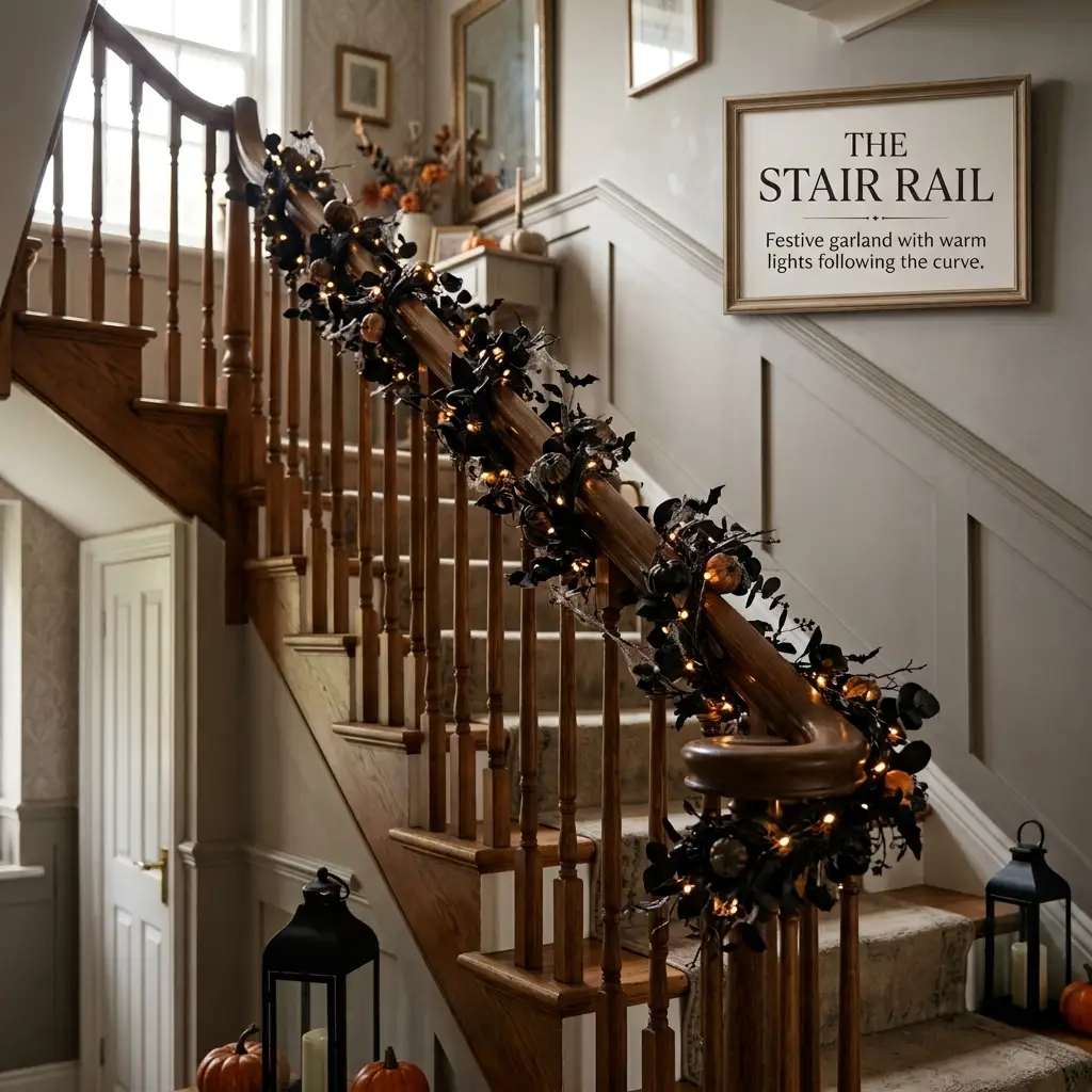 Dark garland wrapped in loose spirals around a wooden staircase banister with small lights