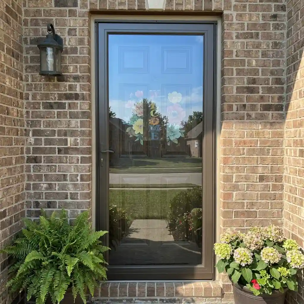 Glass storm door in front of an entry door showing reflection on the glass and the narrow gap between the two doors