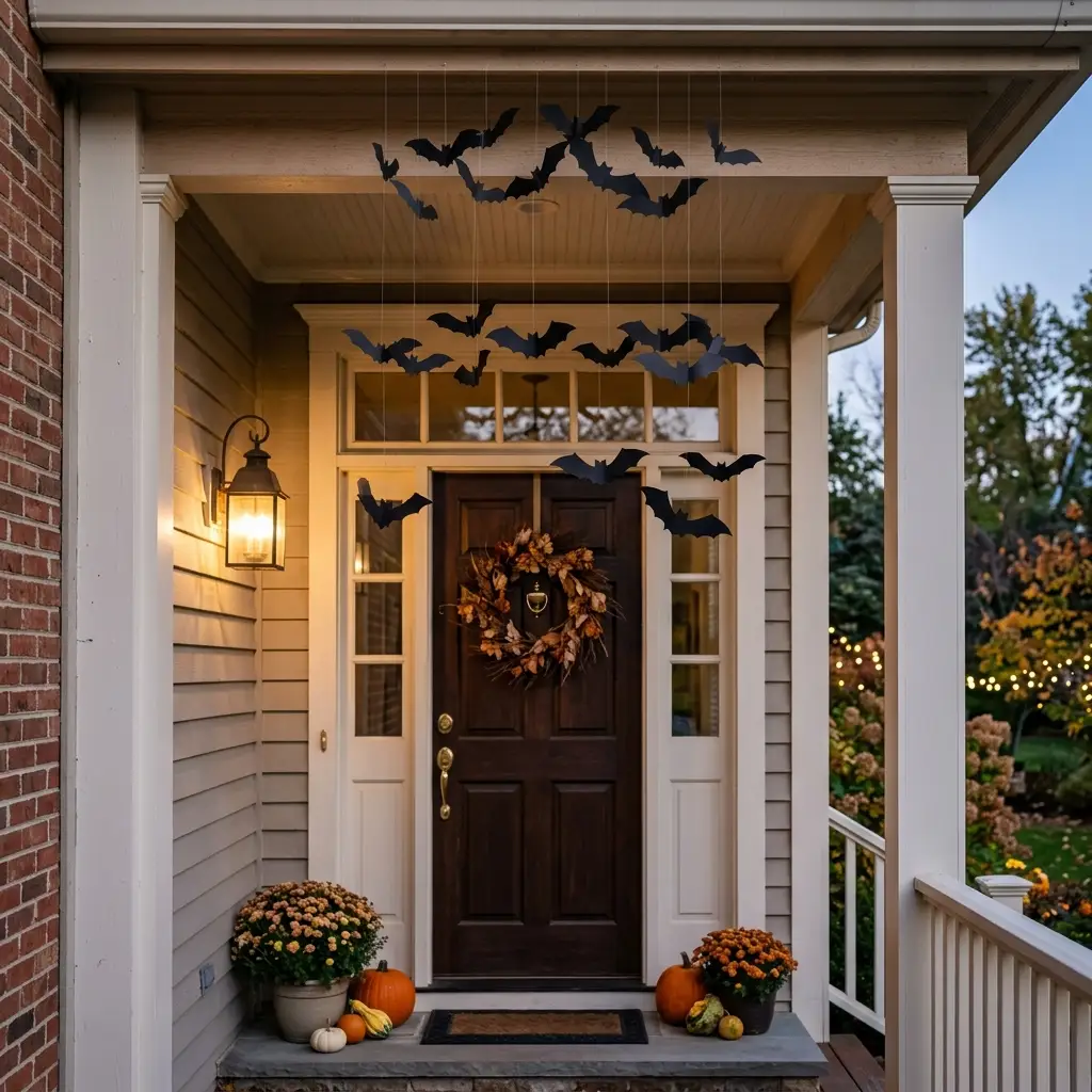 Paper bats hung on clear line at staggered heights from a porch overhang above a front door
