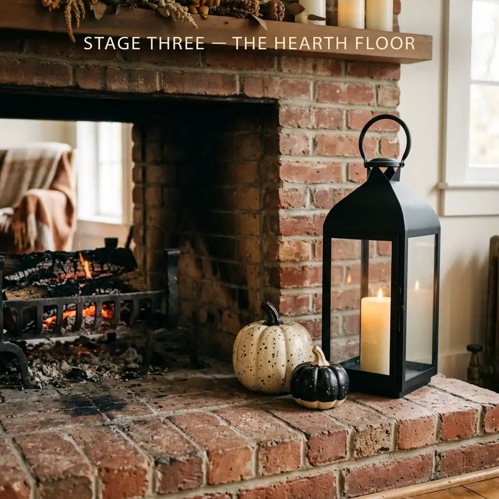 Large black lantern and ceramic pumpkins grouped on a brick hearth beside a fireplace opening