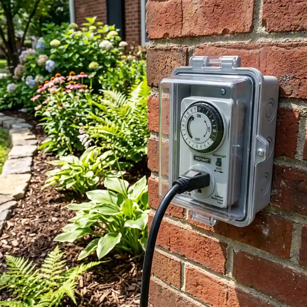 Outdoor GFCI outlet with a plug-in timer and weatherproof cover beside a garden bed