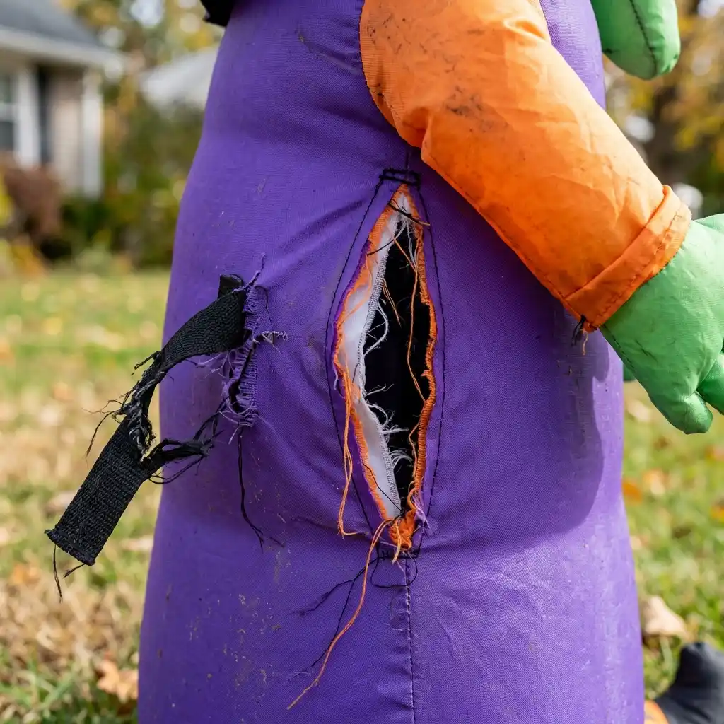 Detail of a torn webbing tether loop and a split fabric seam on a yard inflatable