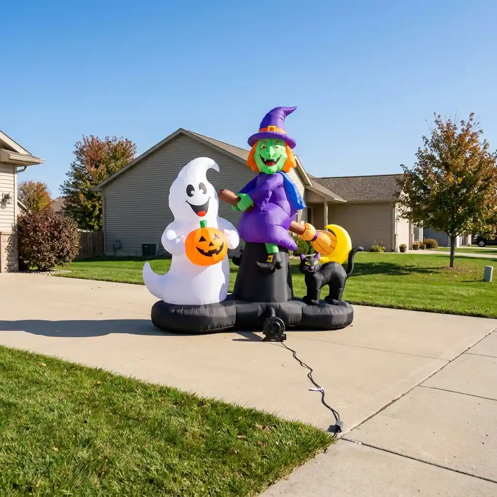 Inflatable set on a flat paved driveway apron beside a lawn with clear space all around