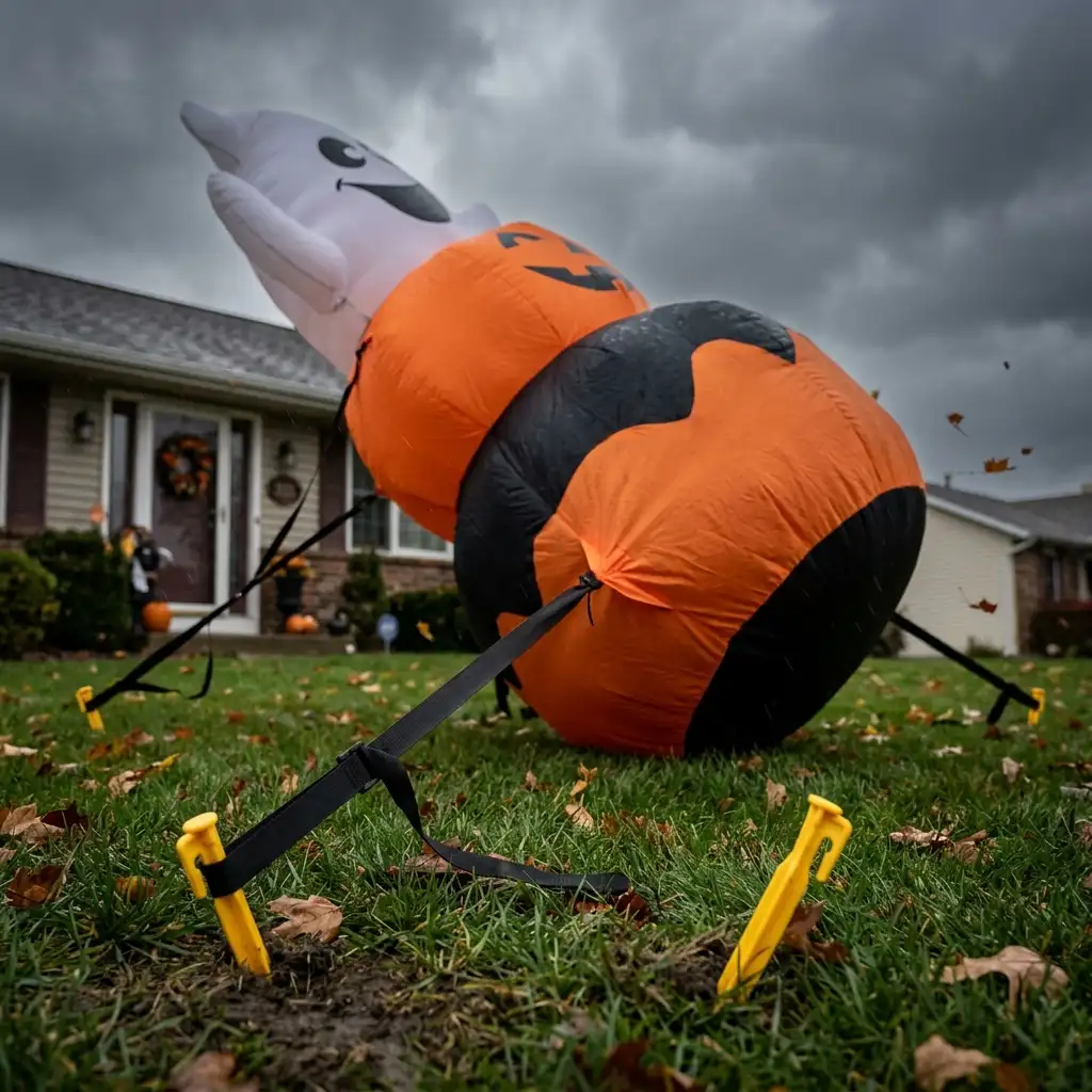 Inflatable leaning heavily in strong wind with tether straps pulled taut against the ground