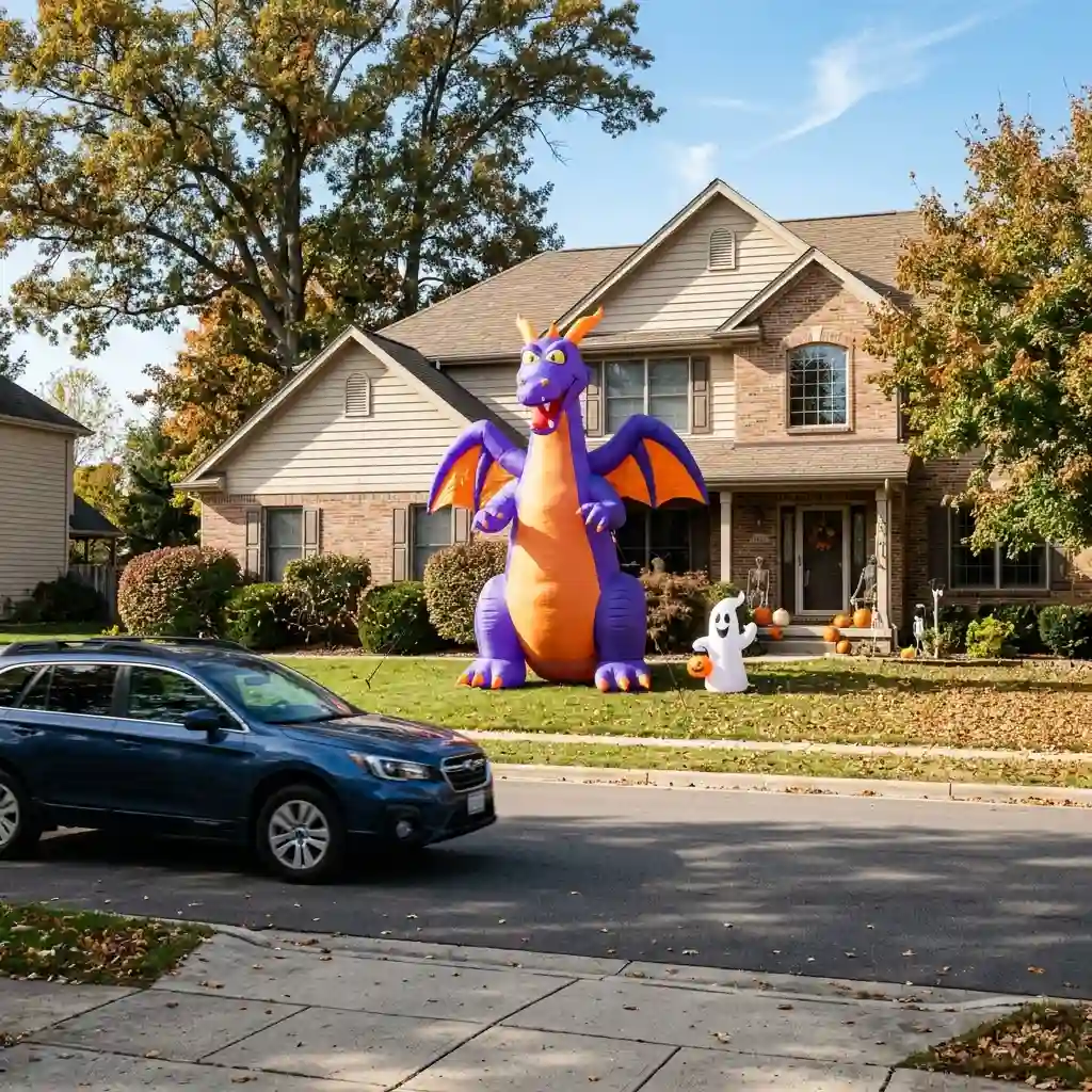 Halloween inflatables seen from across the street in a front yard with a car passing