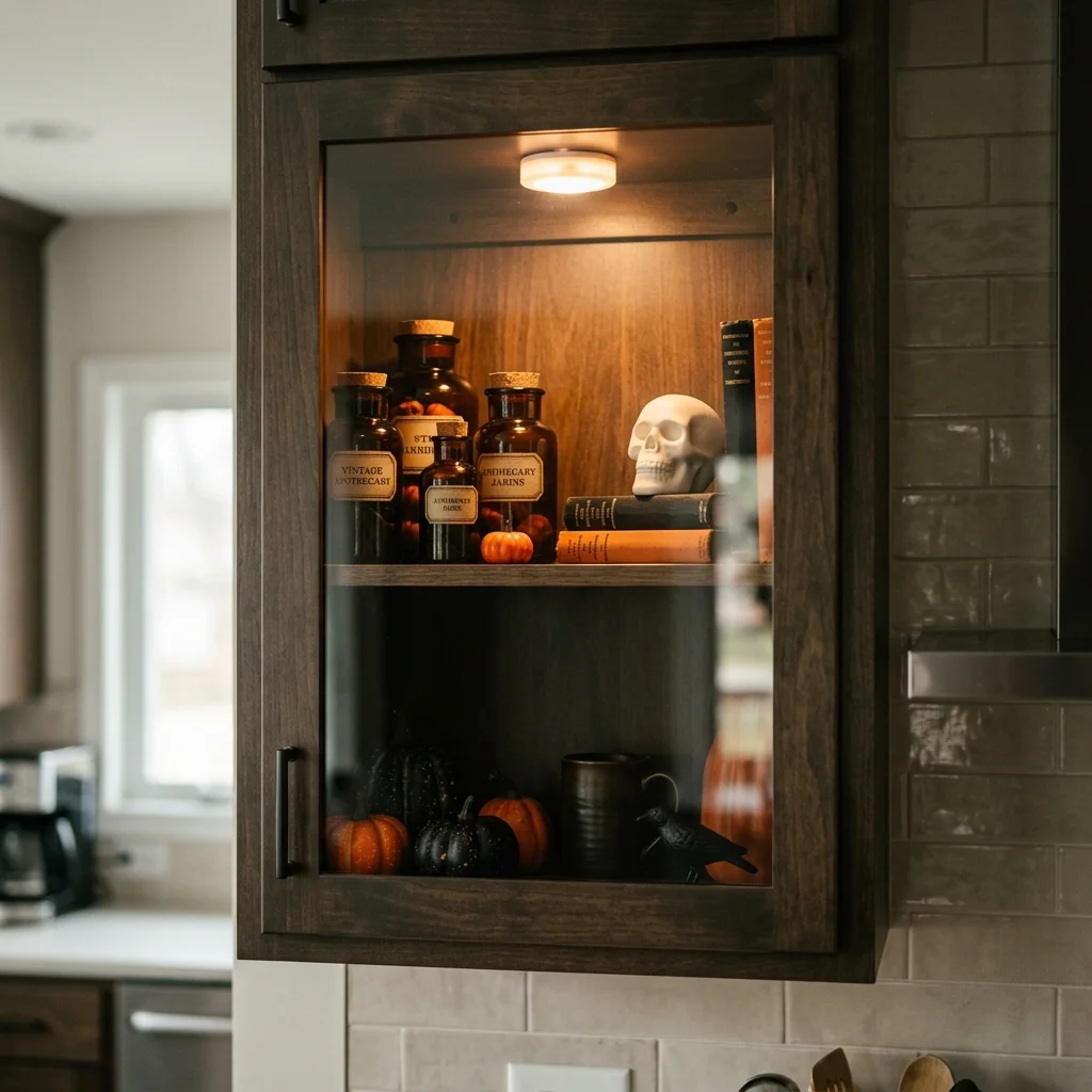 Glass fronted kitchen cabinet lit from inside showing dark apothecary jars as Halloween kitchen decor