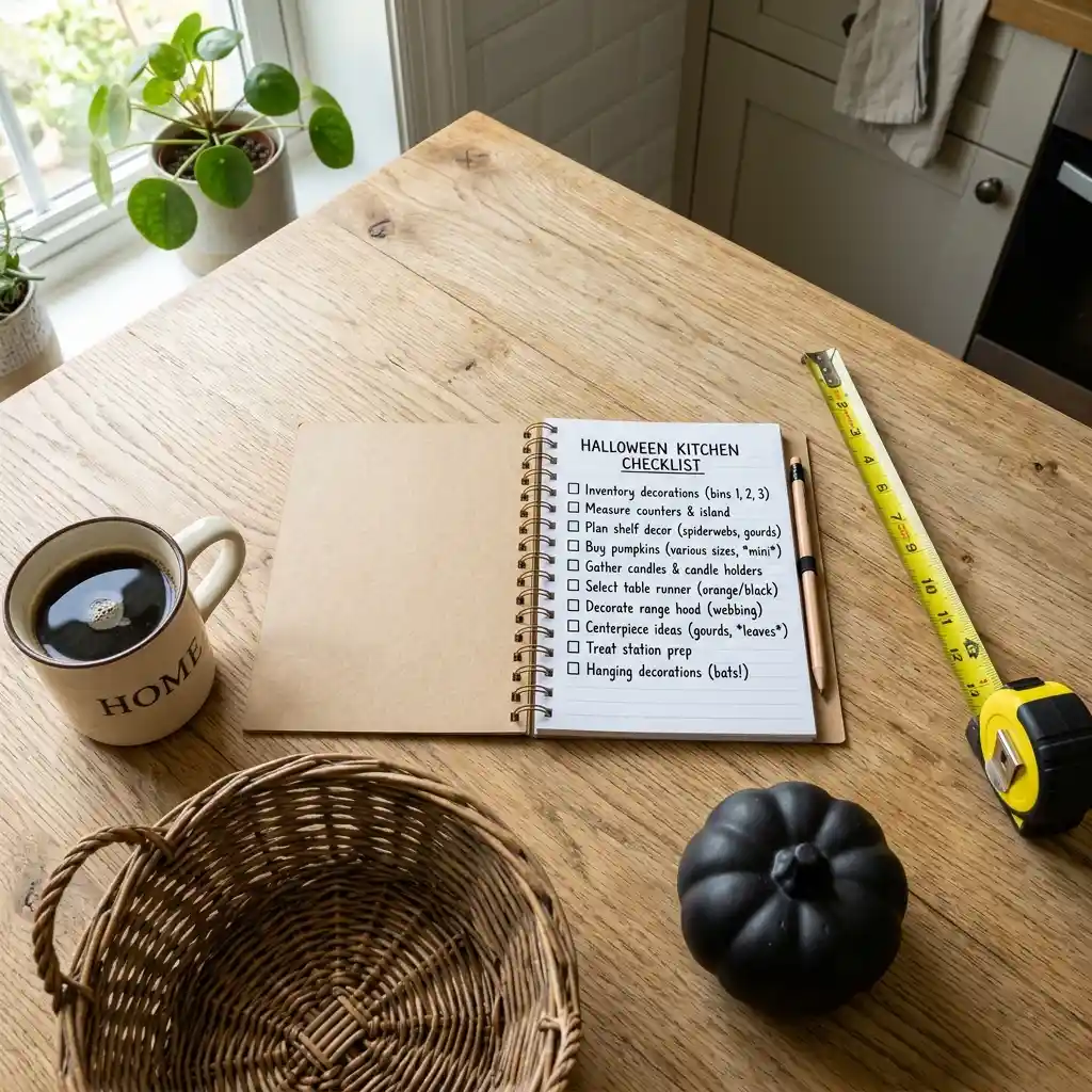 Notebook and tape measure on a kitchen island beside a small ceramic pumpkin and a basket