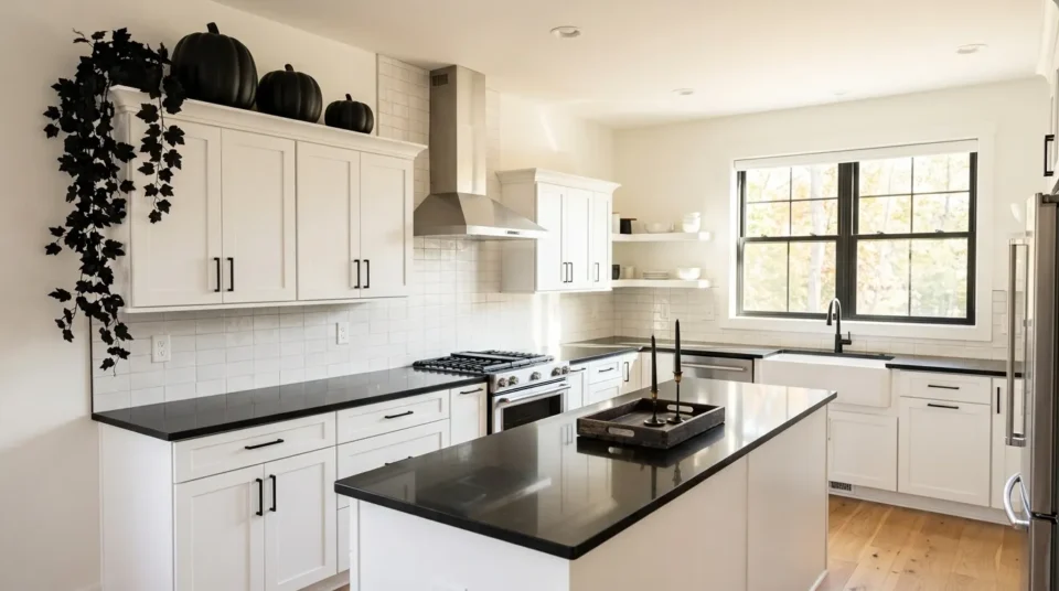 White kitchen decorated for Halloween with black ceramic pumpkins grouped above the upper cabinets and clear counters below