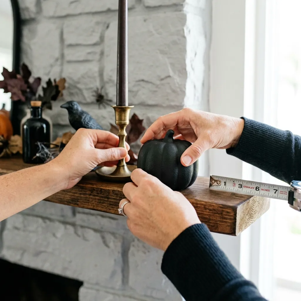 Hands arranging a small group of dark decor objects on a narrow wooden mantel shelf