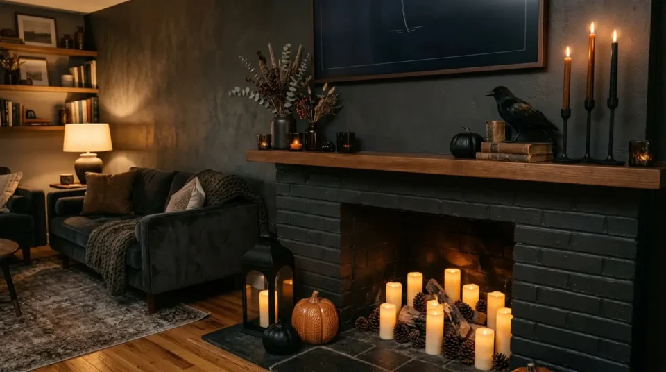 Living room fireplace styled for Halloween with black candle holders, dried stems and lit candles inside the firebox