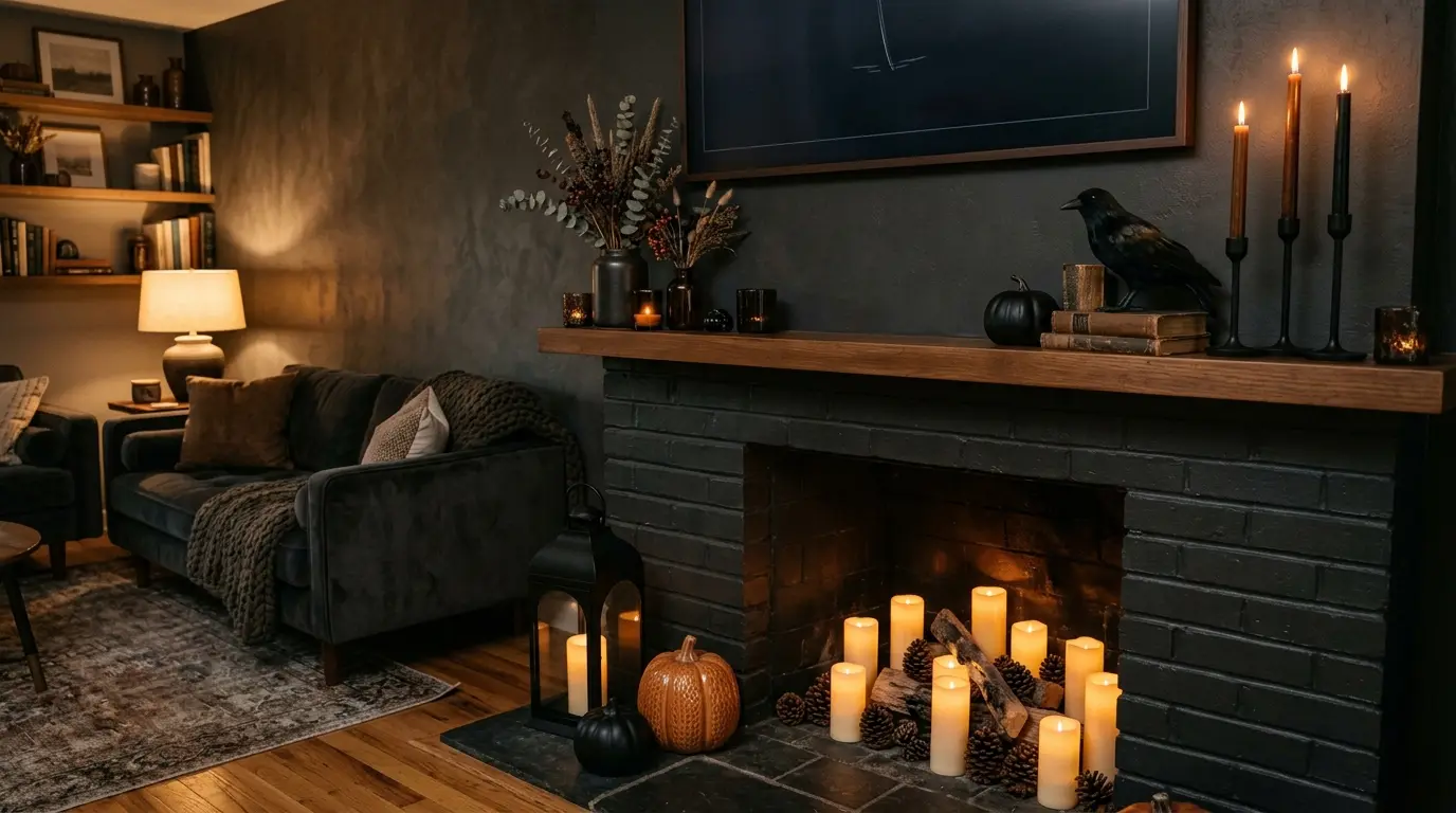 Living room fireplace styled for Halloween with black candle holders, dried stems and lit candles inside the firebox