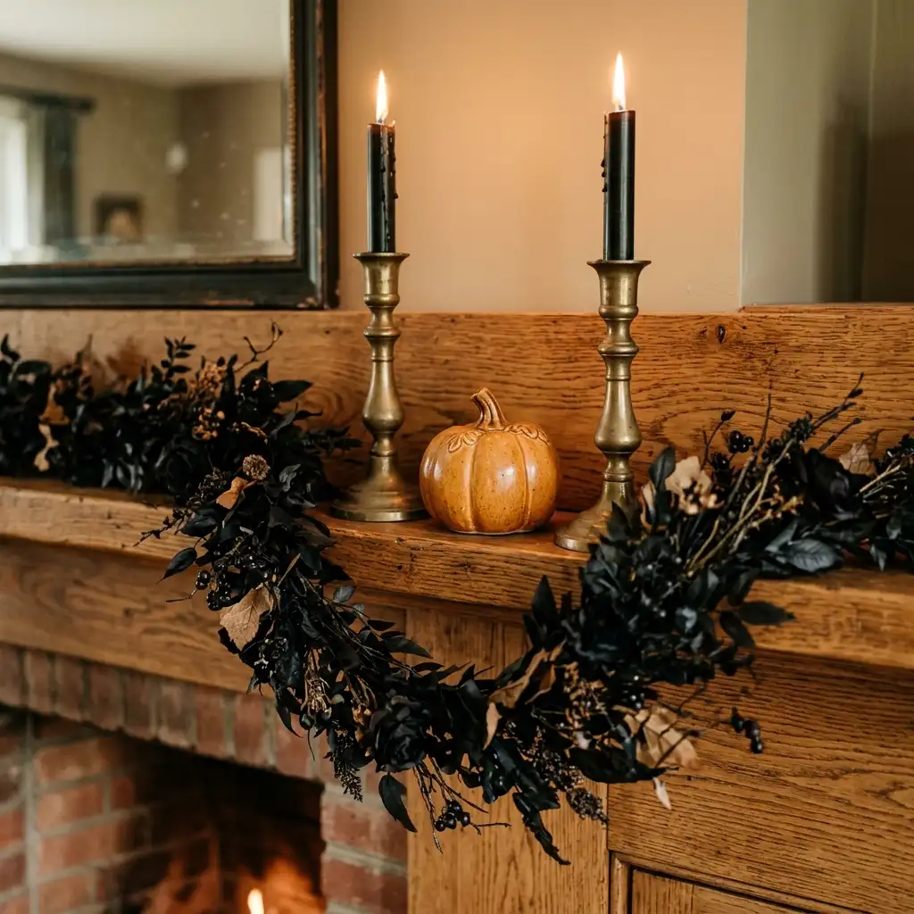 Black faux botanical garland along the front edge of a mantel shelf with two tall brass candle holders