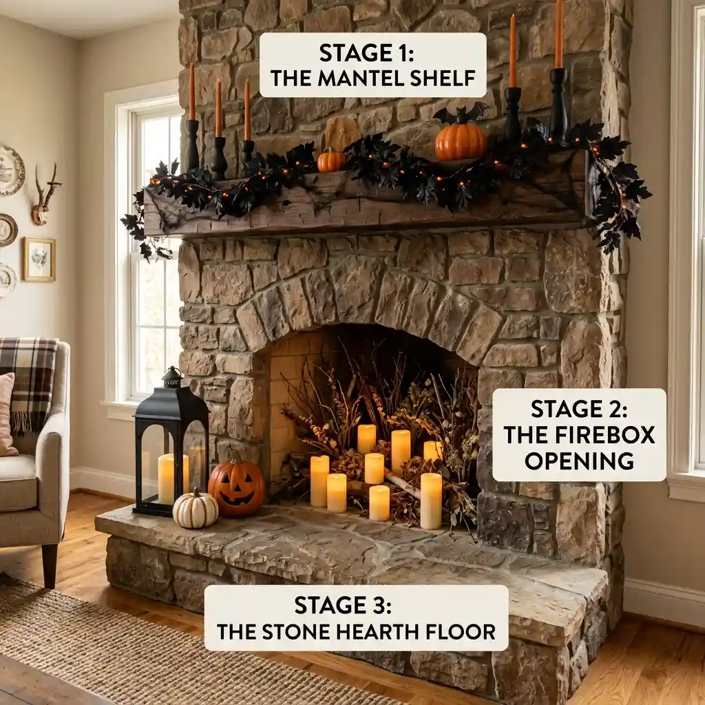 Full fireplace view showing decorated mantel shelf, styled firebox opening and objects on the stone hearth floor