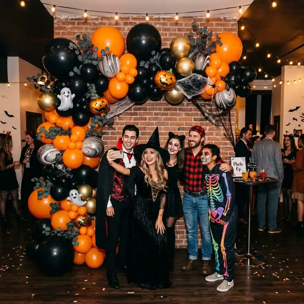 Guests photographed in front of a black and orange balloon display at a Halloween party