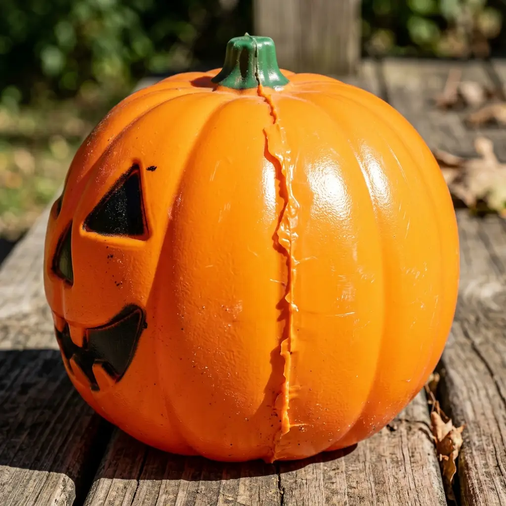 Molded plastic Halloween prop photographed in bright midday sun showing gloss and a visible seam line