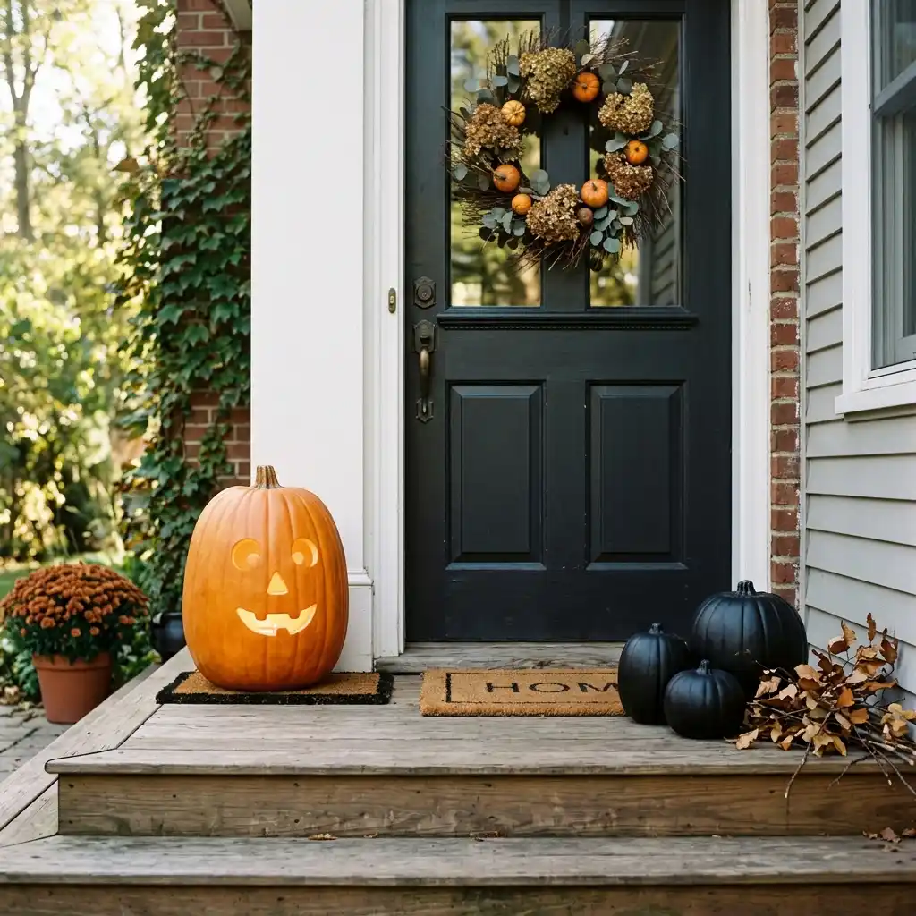 Tall lit pumpkin anchor piece beside three smaller matte black pumpkins on a porch step
