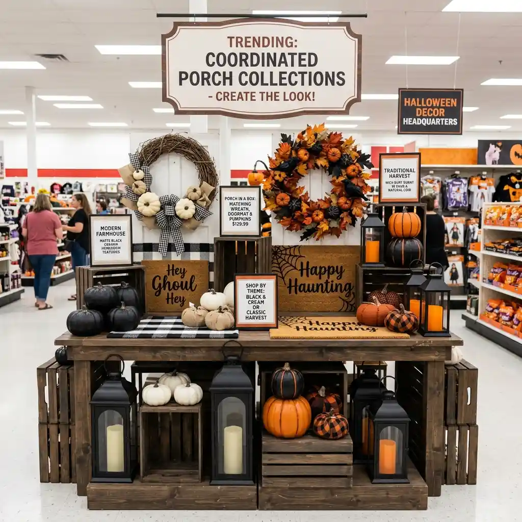 Retail display of matched Halloween decor sets including coordinated wreaths, mats and pumpkins