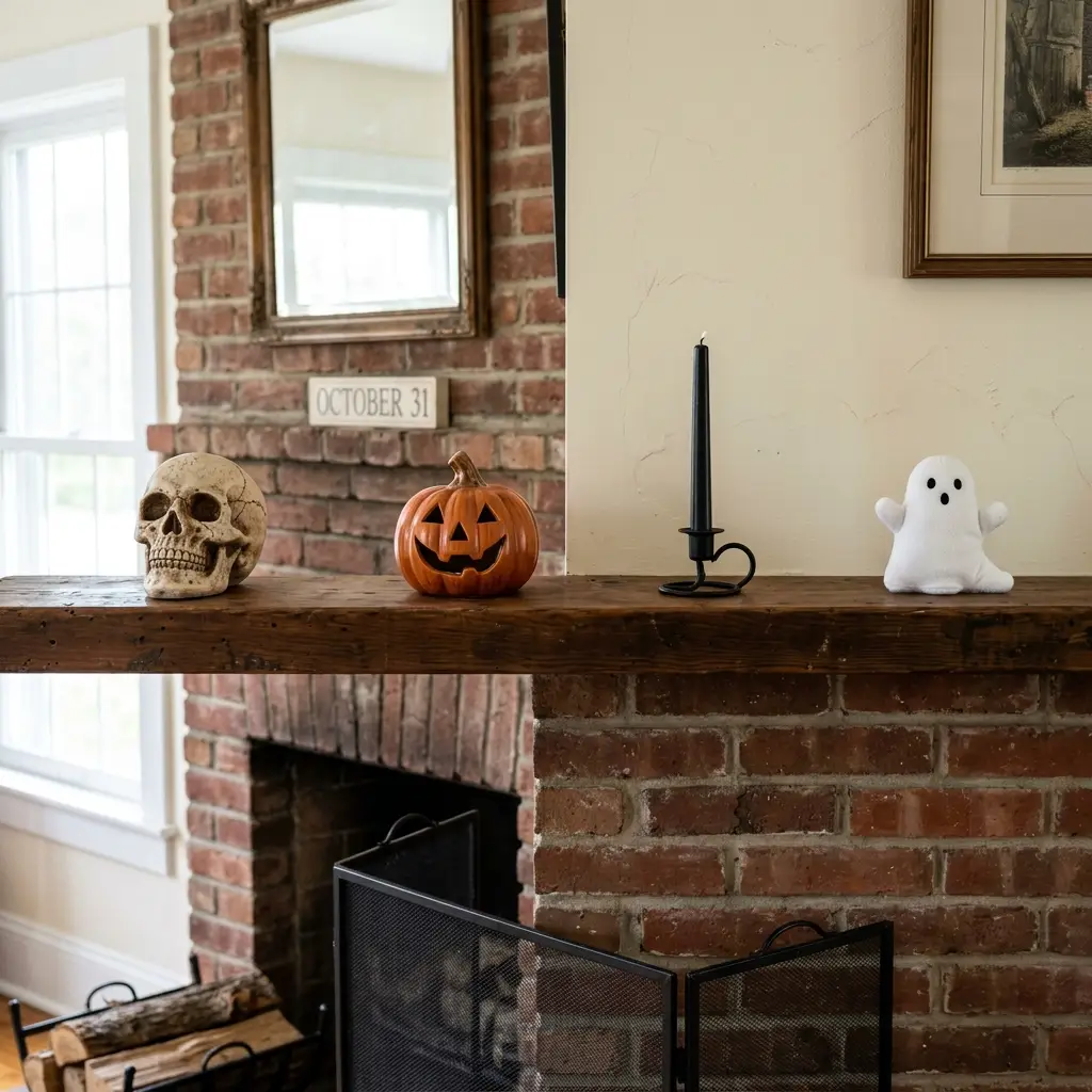 Halloween props sitting separately along a shelf with visible gaps and no connecting decor