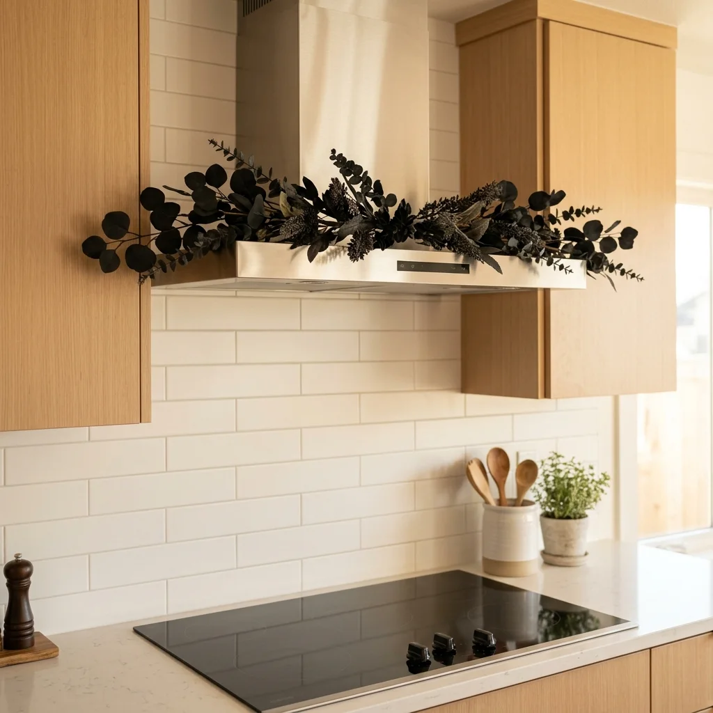 Dark faux botanical garland along the top edge of a chimney style range hood in a modern kitchen