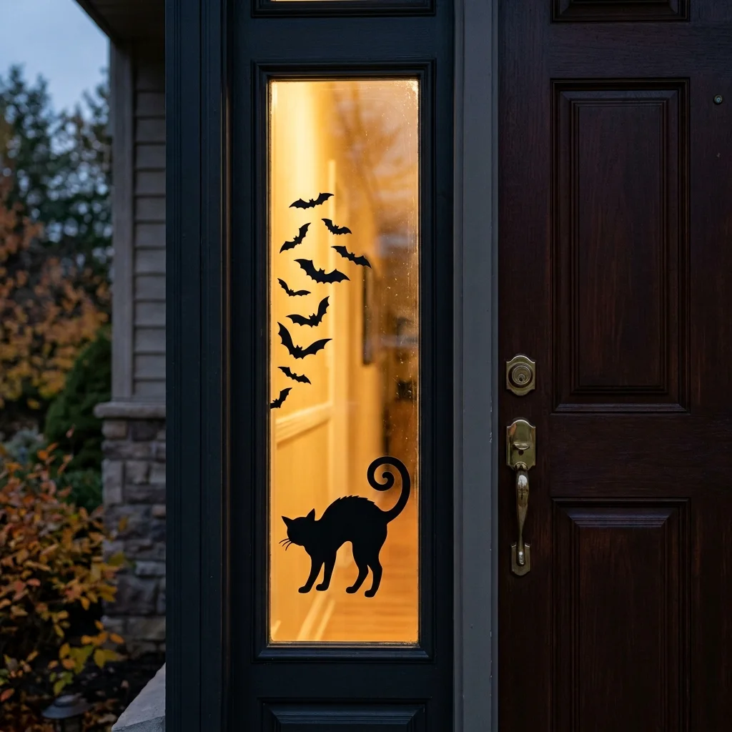 Black cat and bat silhouettes on a narrow sidelight glass panel backlit by warm interior light