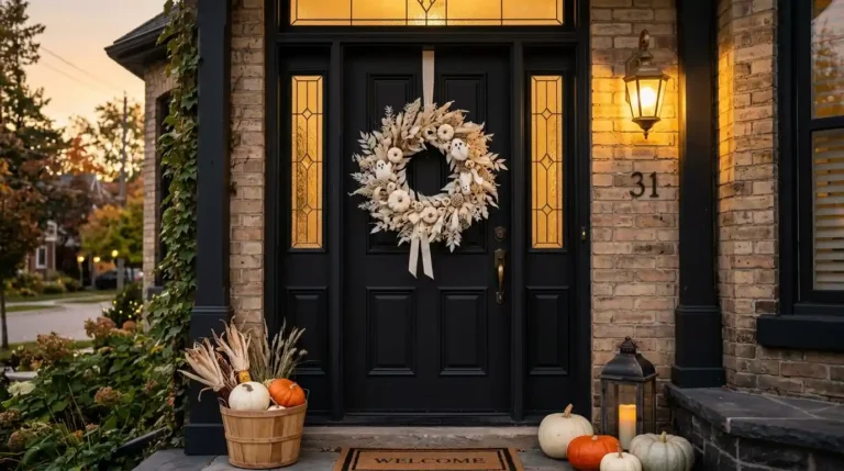Pale bone-white Halloween wreath with cream ribbon hanging on a matte black front door