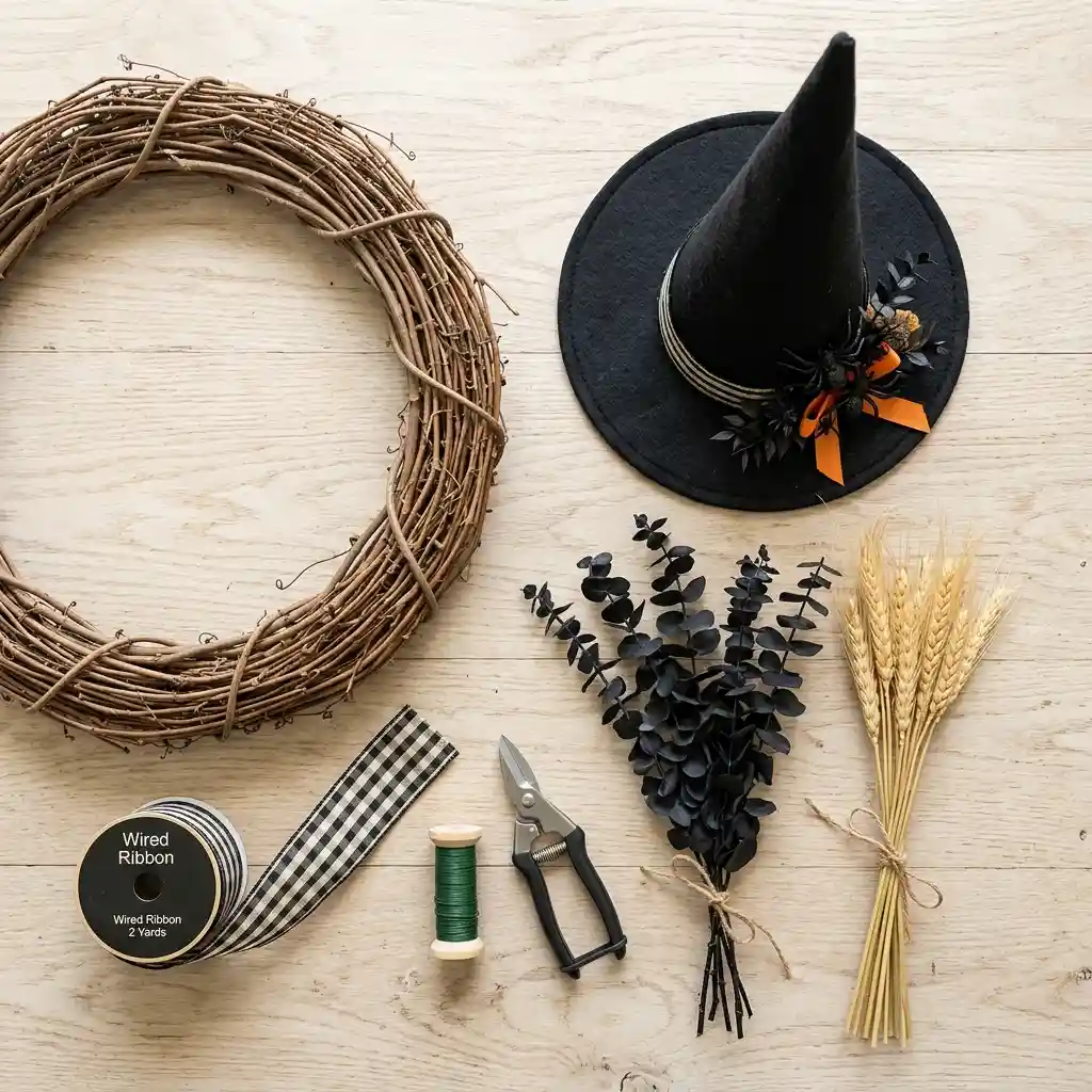 Flat lay of grapevine wreath base, floral wire, black stems, ribbon, and a witch hat prop
