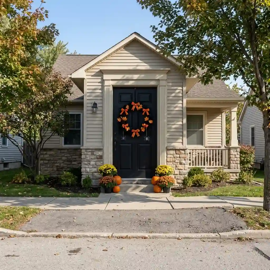 Front porch with Halloween wreath seen from the sidewalk showing clear silhouette at a distance
