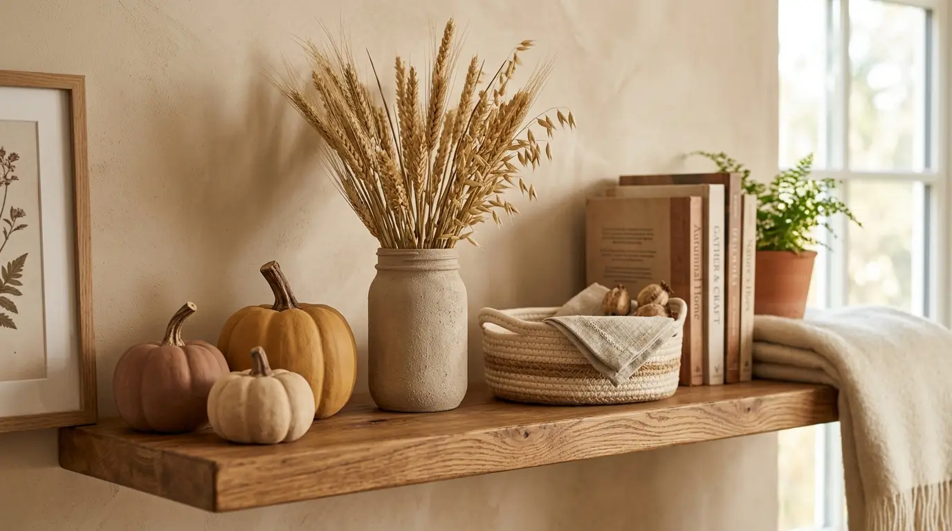 Styled shelf with matte cream and clay pumpkins, a textured vase and a pale woven basket in warm autumn light